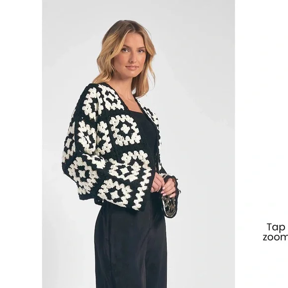 Elan Black and White crochet granny square crop Cardigan - Picture 2 of 6